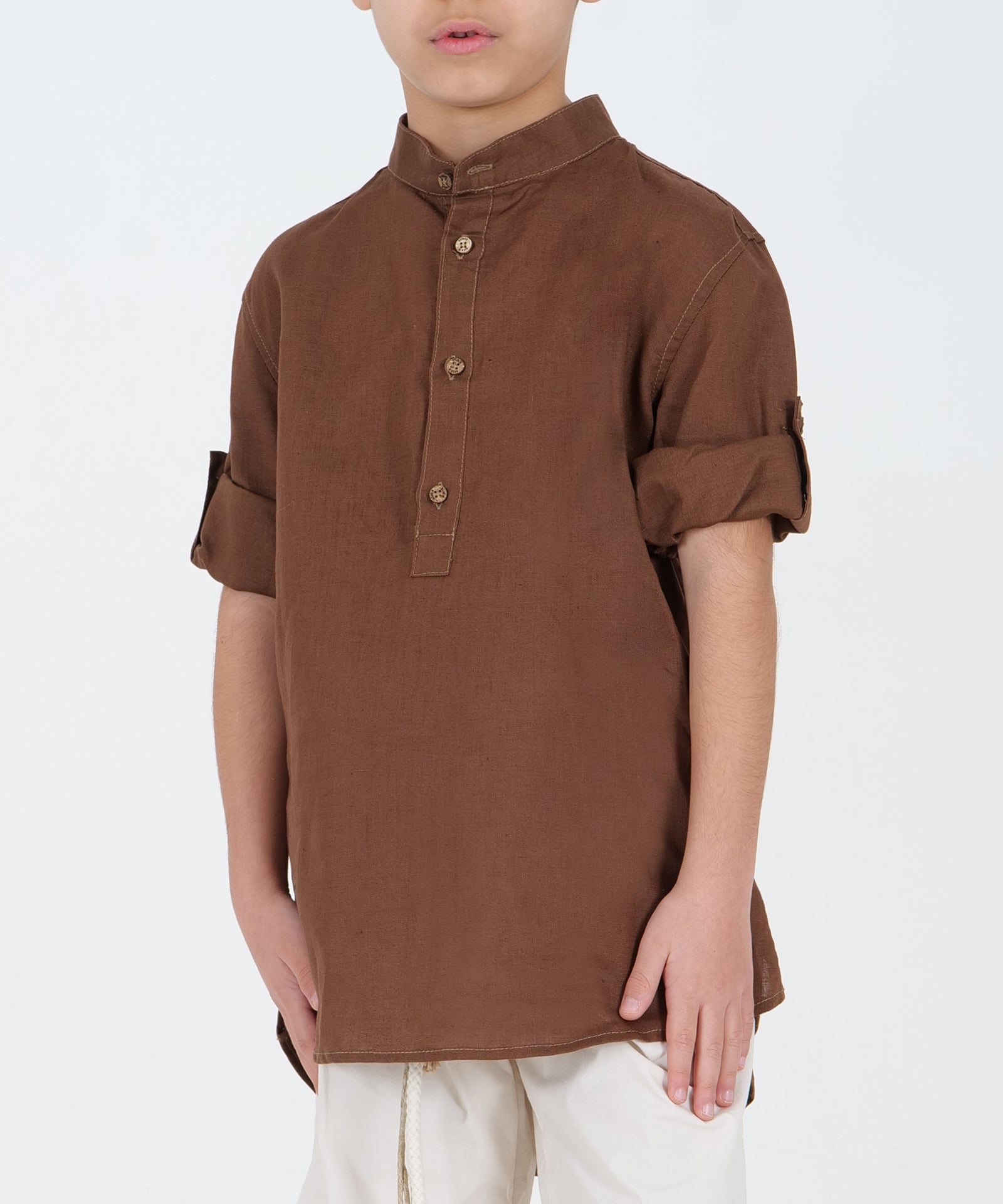 Linen Henley Shirt with Mandarin Collar